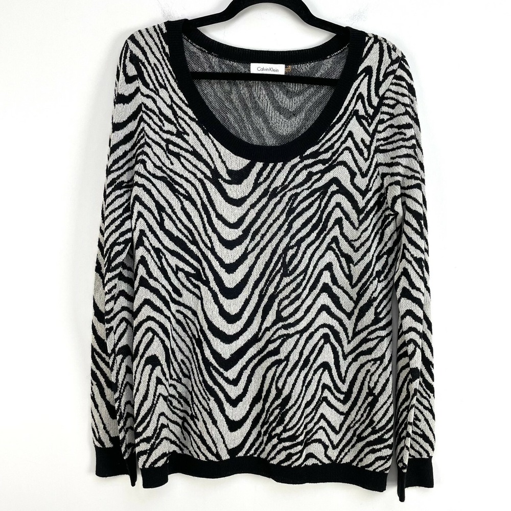 Calvin Klein Womens Large Zebra Animal Print Wool Blend Knit Sweater Lightweight - Picture 7 of 11